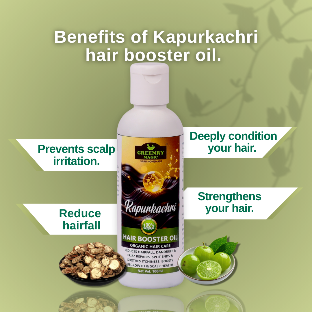 Greenry Magic Kapurkachri Hair Booster Oil – Revitalize Roots, Boost Natural Growth ,Infused  Whole Herbs in Bottle with Intention.